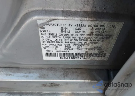 2005 Nissan Altima 2.5 S z USA, uszkodzony, nr VIN 1N4AL11D25C175400